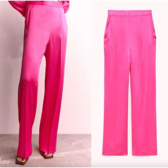 Zara Pants - Zara High Rise Satin Wide Leg Trouser Pants Size S Preppy Maximalist Feminine